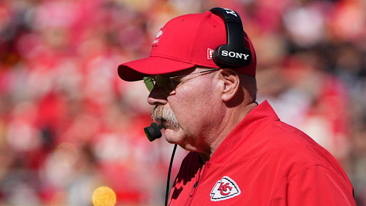 Oct 19, 2025; Kansas City, Missouri, USA; Kansas City Chiefs head coach Andy Reid looks on during the third quarter of the game against the Las Vegas Raiders at GEHA Field at Arrowhead Stadium. Mandatory Credit: Denny Medley-Imagn Images