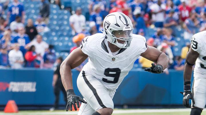 Sep 17, 2023; Orchard Park, New York, USA; Las Vegas Raiders defensive end Tyree Wilson (9) rushes against the Buffalo Bills in the fourth quarter at Highmark Stadium. Mandatory Credit: Mark Konezny-Imagn Images