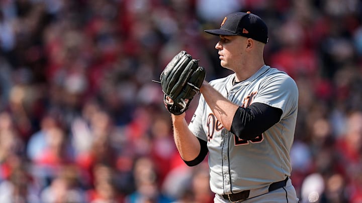 Detroit Tigers pitcher Tarik Skubal (29) throws against Cleveland Guardians during the second inning at Game 5 of ALDS at Progressive Field in Cleveland, Ohio.
