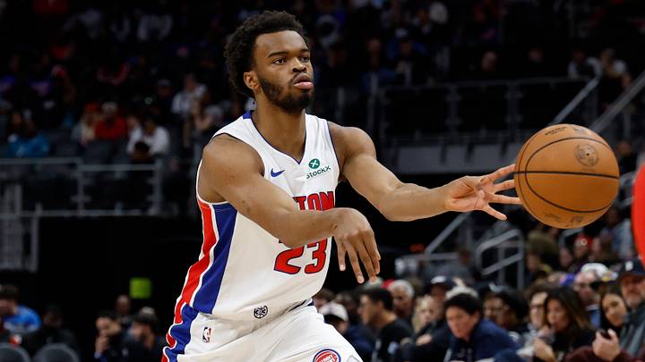 Oct 16, 2026; Detroit, Michigan, USA;  Detroit Pistons guard Ebuka Okorie (23) passes in the second half against the Toronto Raptors at Little Caesars Arena.  Mandatory Credit: Rick Osentoski-Imagn Images