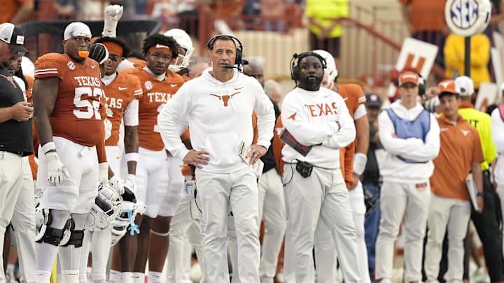 Texas Longhorns head coach Steve Sarkisian observes the second half against the Vanderbilt Commodores at Darrell K Royal-Texas Memorial Stadium. 