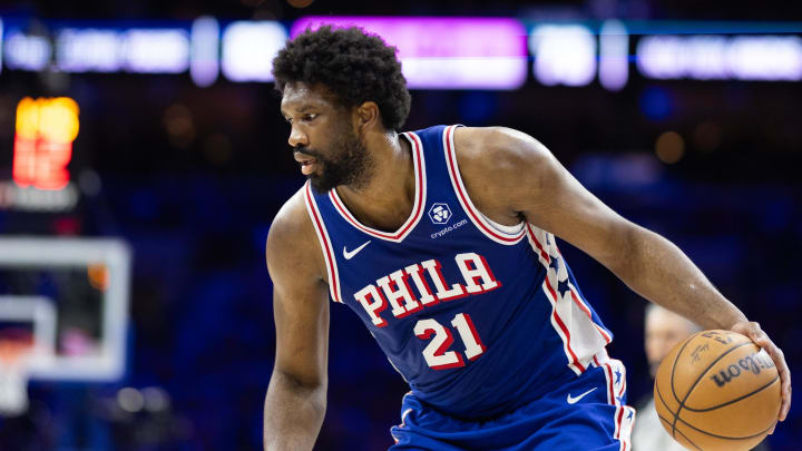 May 2, 2024; Philadelphia, Pennsylvania, USA; Philadelphia 76ers center Joel Embiid (21) in action against the New York Knicks during game six of the first round for the 2024 NBA playoffs at Wells Fargo Center. Mandatory Credit: Bill Streicher-USA TODAY Sports