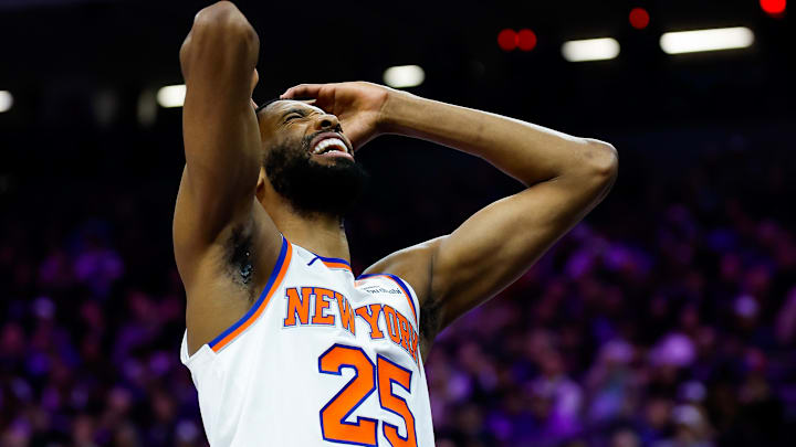 Jan 14, 2026; Sacramento, California, USA; New York Knicks guard Mikal Bridges (25) reacts after getting called for a foul during the third quarter against the Sacramento Kings at Golden 1 Center. Mandatory Credit: Sergio Estrada-Imagn Images