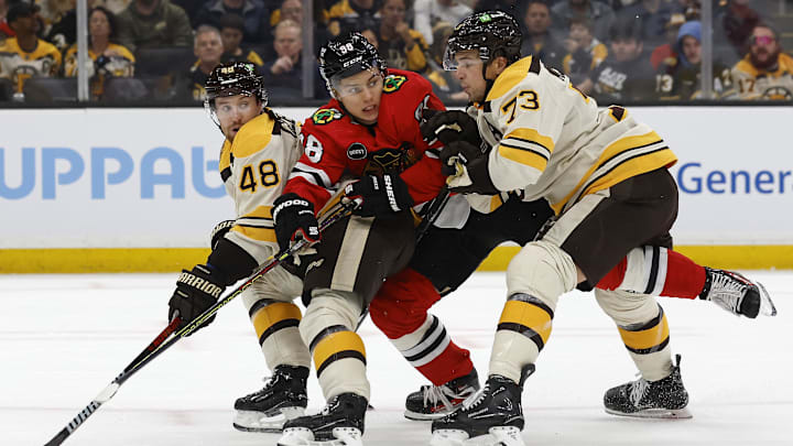 Oct 11, 2023; Boston, Massachusetts, USA; Chicago Blackhawks center Connor Bedard (98) tries to find