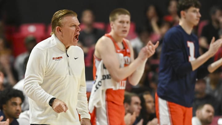 Mar 8, 2026; College Park, Maryland, USA; Illinois Fighting Illini head coach Brad Underwood reacts during the second half against the Maryland Terrapins at Xfinity Center. Mandatory Credit: Tommy Gilligan-Imagn Images Mar 8, 2026; College Park, Maryland, USA; Illinois Fighting Illini head coach Brad Underwood reacts during the second half against the Maryland Terrapins at Xfinity Center. Mandatory Credit: Tommy Gilligan-Imagn Images