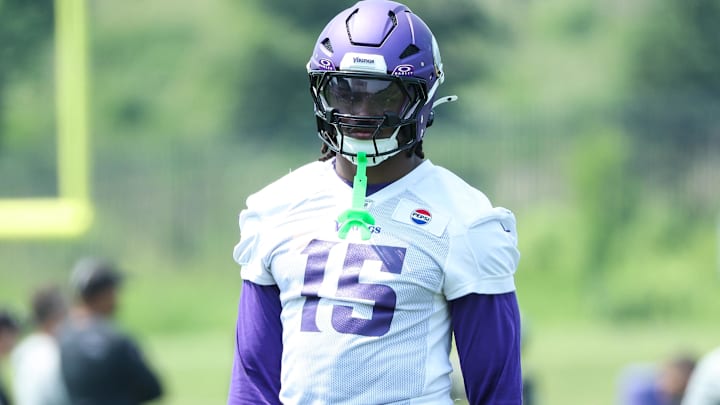 Jun 10, 2025; Minneapolis, MN, USA; Minnesota Vikings linebacker Dallas Turner (15) looks on during minicamp at the Minnesota Vikings Training Facility.