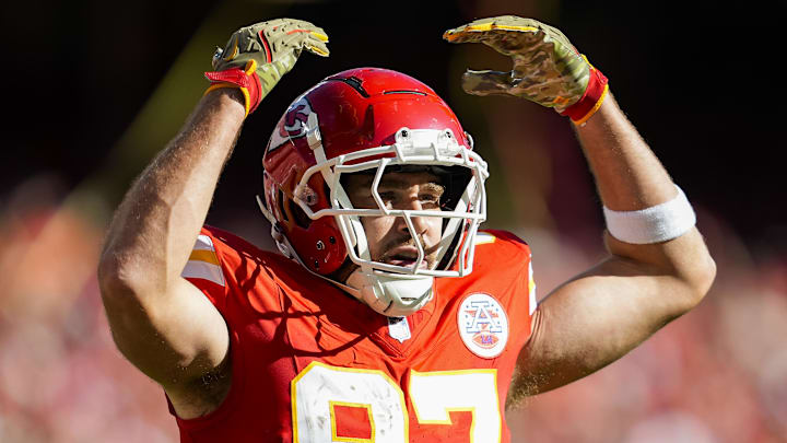 Nov 10, 2024; Kansas City, Missouri, USA; Kansas City Chiefs tight end Travis Kelce (87) celebrates after scoring a touchdown during the second half against the Denver Broncos at GEHA Field at Arrowhead Stadium. Mandatory Credit: Jay Biggerstaff-Imagn Images