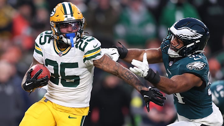 Jan 12, 2025; Philadelphia, Pennsylvania, USA; Green Bay Packers cornerback Keisean Nixon (25) returns a kick off against the Philadelphia Eagles during the first quarter in the NFC wild card game at Lincoln Financial Field. Mandatory Credit: Bill Streicher-Imagn Images