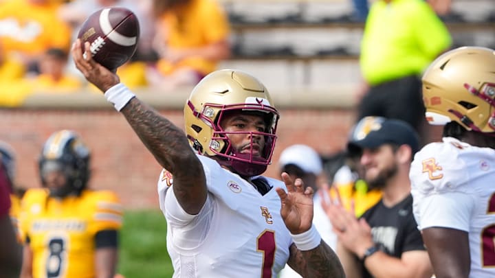 Sep 14, 2024; Columbia, Missouri, USA; Boston College Eagles quarterback Thomas Castellanos (1) warms up against the Missouri Tigers prior to a game at Faurot Field at Memorial Stadium. Mandatory Credit: Denny Medley-Imagn Images