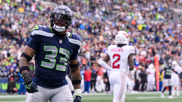 Oct 22, 2023; Seattle, Washington, USA; Seattle Seahawks safety Jamal Adams (33) celebrates after making a play against the Arizona Cardinals during the game at Lumen Field. Mandatory Credit: Steven Bisig-Imagn Images Oct 22, 2023; Seattle, Washington, USA; Seattle Seahawks safety Jamal Adams (33) celebrates after making a play against the Arizona Cardinals during the game at Lumen Field. Mandatory Credit: Steven Bisig-Imagn Images