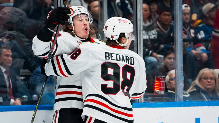 Nov 5, 2025; Vancouver, British Columbia, CAN; Chicago Blackhawks forward Tyler Bertuzzi (59) and forward Connor Bedard (98) celebrate Bertuzzi’s second goal of the third period against the Vancouver Canucks at Rogers Arena. Mandatory Credit: Bob Frid-Imagn Images