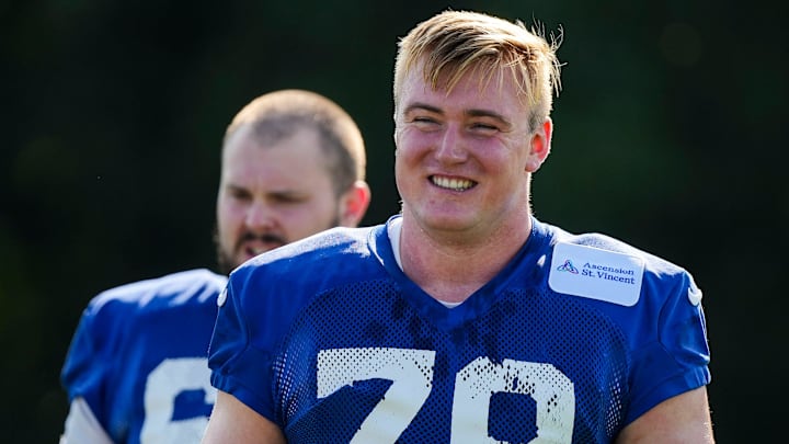 Indianapolis Colts offensive tackle Bernhard Raimann (79) smiles while walking to warm up Saturday, July 27, 2024, during the Indianapolis Colts’ training camp at Grand Park Sports Complex in Westfield.