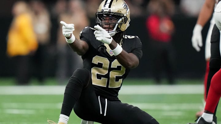 Oct 5, 2025; New Orleans, Louisiana, USA; New Orleans Saints wide receiver Rashid Shaheed (22) celebrates after a play against the New York Giants during the fourth quarter at Caesars Superdome. Mandatory Credit: Matthew Hinton-Imagn Images