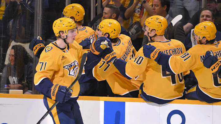 Nashville Predators right wing Matthew Wood (71) celebrates with his teammates after scoring a goal against the Boston Bruins Mar 5, 2026; Nashville, Tennessee, USA;  during the second period at Bridgestone Arena. Mandatory Credit: Steve Roberts-Imagn Images