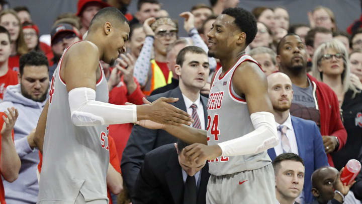 Ohio State Buckeyes forward Andre Wesson (24) celebrates the win with Ohio State Buckeyes forward Kaleb Wesson (34) during the 2nd half of their game at Value City Arena in Columbus, Ohio on March 5, 2020. Ohio State Buckeyes forward Andre Wesson (24) celebrates the win with Ohio State Buckeyes forward Kaleb Wesson (34) during the 2nd half of their game at Value City Arena in Columbus, Ohio on March 5, 2020.