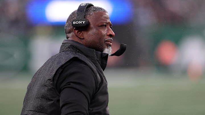 Nov 30, 2025; East Rutherford, New Jersey, USA; New York Jets head coach Aaron Glenn during the first half at MetLife Stadium. Mandatory Credit: Vincent Carchietta-Imagn Images