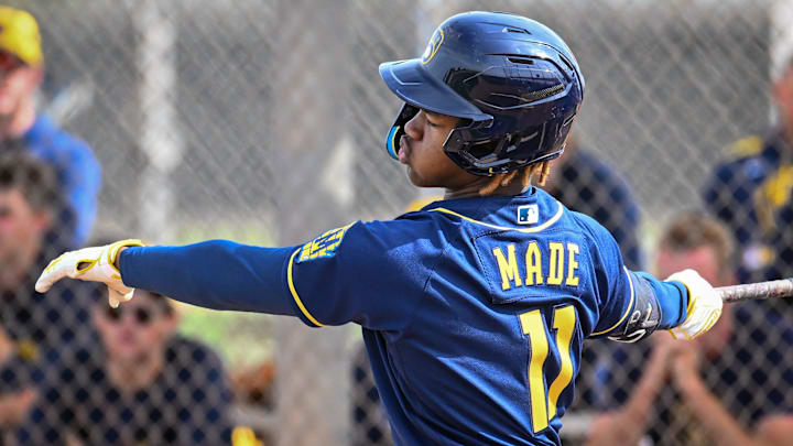 Milwaukee Brewers shortstop prospect Jesus Made swings the bat during spring training workouts Monday, February 17, 2025, at American Family Fields of Phoenix in Phoenix, Arizona.