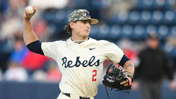 Ole Miss pitcher Riley Maddox (2) pitches against Mississippi State at Swayze Field in Oxford, Miss., on Friday, Apr. 12, 2024.