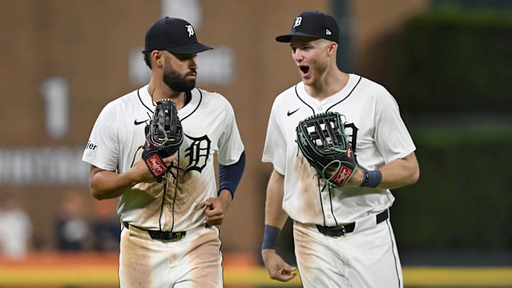 Sep 25, 2024; Detroit, Michigan, USA; Detroit Tigers center fielder Parker Meadows (22) celebrates with left fielder Riley Greene (31) after Greene made a diving catch against the Tampa Bay Rays in the eighth inning at Comerica Park. Sep 25, 2024; Detroit, Michigan, USA; Detroit Tigers center fielder Parker Meadows (22) celebrates with left fielder Riley Greene (31) after Greene made a diving catch against the Tampa Bay Rays in the eighth inning at Comerica Park.