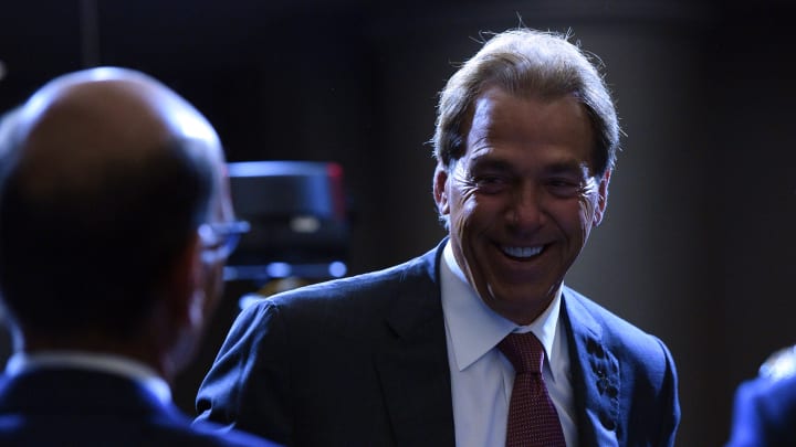 Jul 12, 2017; Hoover, AL, USA; Alabama Crimson Tide head coach Nick Saban talks with SEC Network personality Paul Finebaum during SEC Media Days at the Hyatt Regency Birmingham-The Winfrey Hotel. Mandatory Credit: Adam Hagy-USA TODAY Sports