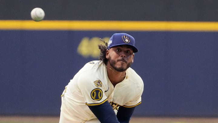 Freddy Peralta of Milwaukee Brewers throws pitch from right hand Freddy Peralta of Milwaukee Brewers throws pitch from right hand