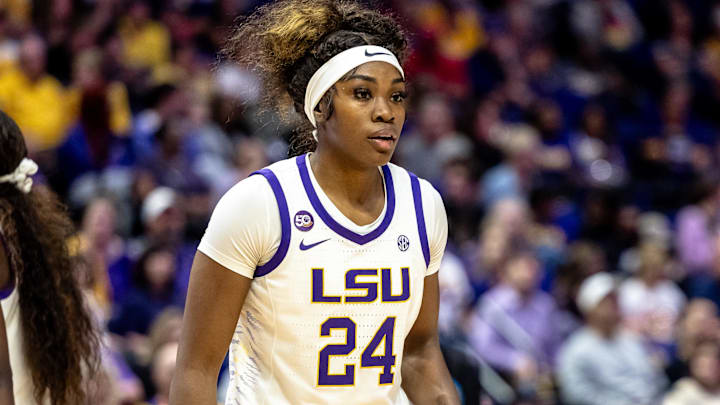 Nov 8, 2024; Baton Rouge, Louisiana, USA;  LSU Lady Tigers guard Aneesah Morrow (24) looks on against the Northwestern State Lady Demons during the first half at Pete Maravich Assembly Center. Mandatory Credit: Stephen Lew-Imagn Images