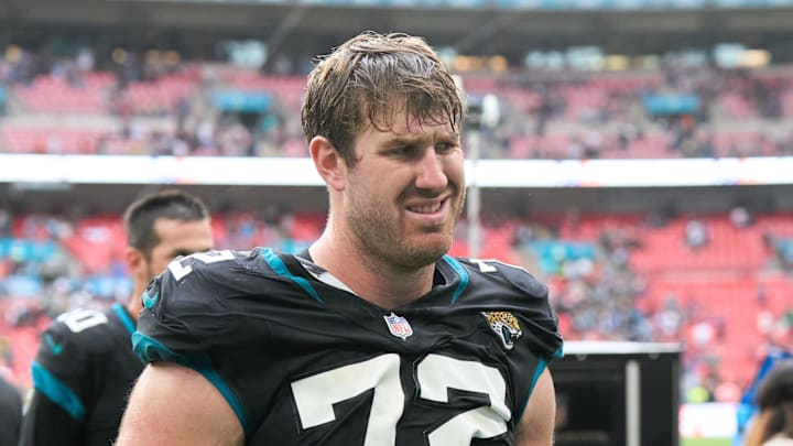 Oct 1, 2023; London, United Kingdom;  Jacksonville Jaguars offensive tackle Walker Little (72)