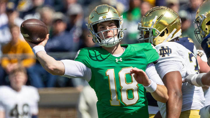 Apr 12, 2025; Notre Dame, IN, USA; Notre Dame Fighting Irish quarterback Steve Angeli (18) throws a pass during the Blue-Gold game at Notre Dame Stadium. 