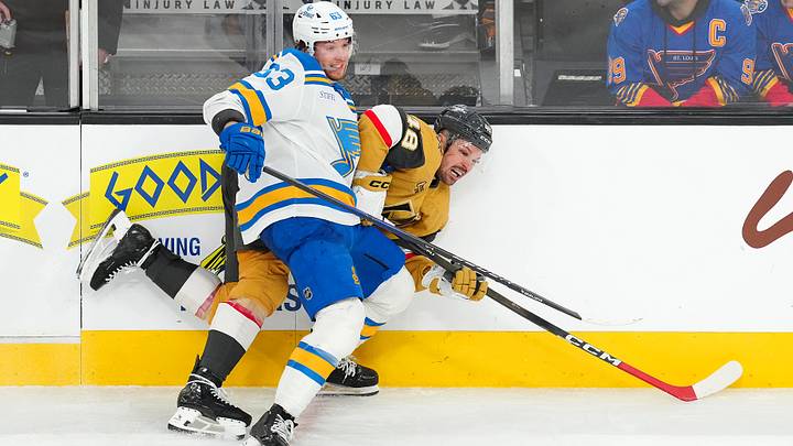 Jan 10, 2026; Las Vegas, Nevada, USA; St. Louis Blues left wing Jake Neighbours (63) checks Vegas Golden Knights center Tomas Hertl (48) during the third period at T-Mobile Arena. Mandatory Credit: Stephen R. Sylvanie-Imagn Images Jan 10, 2026; Las Vegas, Nevada, USA; St. Louis Blues left wing Jake Neighbours (63) checks Vegas Golden Knights center Tomas Hertl (48) during the third period at T-Mobile Arena. Mandatory Credit: Stephen R. Sylvanie-Imagn Images