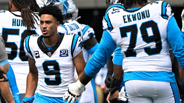 Sep 15, 2024; Charlotte, North Carolina, USA; Carolina Panthers quarterback Bryce Young (9) with offensive tackle Ikem Ekwonu (79) before the game at Bank of America Stadium. Mandatory Credit: Bob Donnan-Imagn Images Sep 15, 2024; Charlotte, North Carolina, USA; Carolina Panthers quarterback Bryce Young (9) with offensive tackle Ikem Ekwonu (79) before the game at Bank of America Stadium. Mandatory Credit: Bob Donnan-Imagn Images