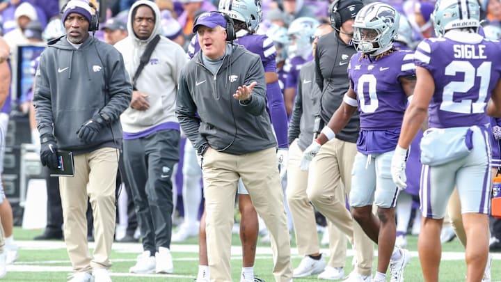 Oct 28, 2023; Manhattan, Kansas, USA; Kansas State Wildcats head coach Chris Klieman yells to his players during the second quarter against the Houston Cougars at Bill Snyder Family Football Stadium. Mandatory Credit: Scott Sewell-Imagn Images Oct 28, 2023; Manhattan, Kansas, USA; Kansas State Wildcats head coach Chris Klieman yells to his players during the second quarter against the Houston Cougars at Bill Snyder Family Football Stadium. Mandatory Credit: Scott Sewell-Imagn Images