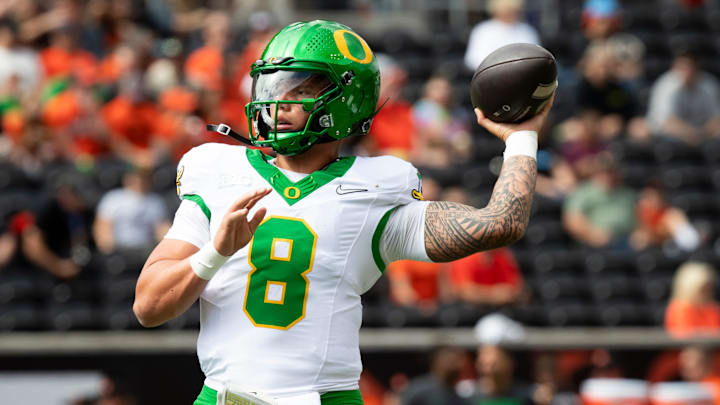 Oregon quarterback Dillon Gabriel throws out a pass during warm ups as the Oregon State Beavers host the Oregon Ducks Saturday, Sept. 14, 2024 at Reser Stadium in Corvallis, Ore.