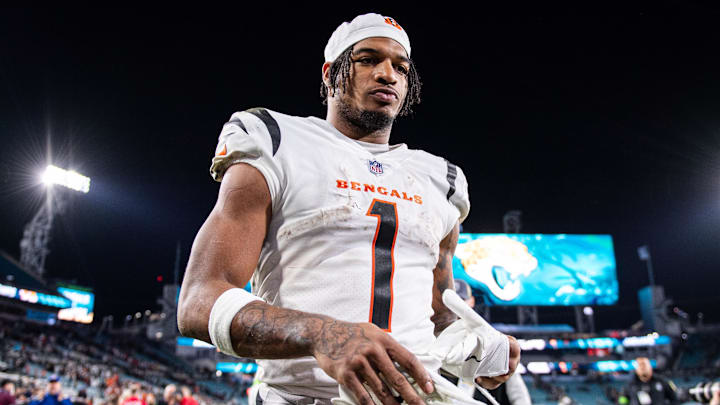 Dec 4, 2023; Jacksonville, Florida, USA; Cincinnati Bengals wide receiver Ja'Marr Chase (1) walks