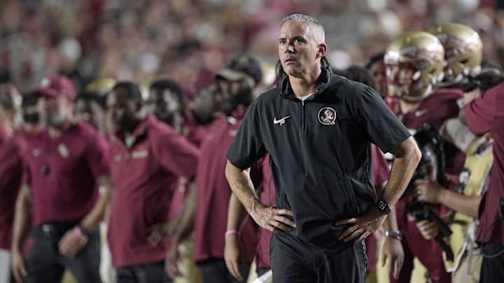 Oct 5, 2024; Tallahassee, Florida, USA; Florida State Seminoles head coach Mike Norvell during the second half against the Clemson Tigers at Doak S. Campbell Stadium. Mandatory Credit: Melina Myers-Imagn Images