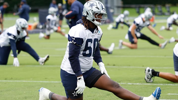Dallas Cowboys OT Tyler Guyton goes through a drill during practice at the Ford Center at the Star Training Facility.