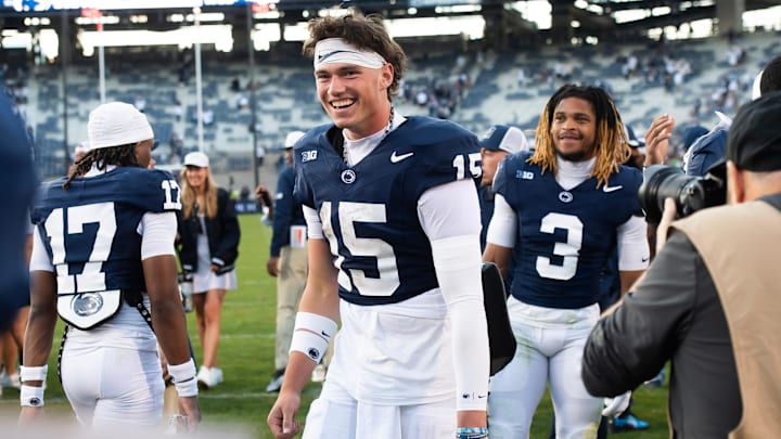 Penn State quarterback Drew Allar (15) celebrates following the Nittany Lions' 46-11 win over Nevada. Penn State quarterback Drew Allar (15) celebrates following the Nittany Lions' 46-11 win over Nevada.