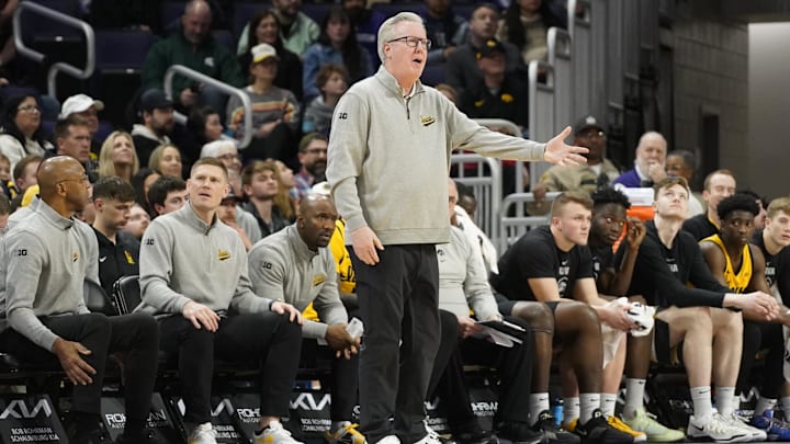 Feb 28, 2025; Evanston, Illinois, USA; Iowa Hawkeyes head coach Fran McCaffery gestures to his team against the Northwestern Wildcats during the first half at Welsh-Ryan Arena. Mandatory Credit: David Banks-Imagn Images