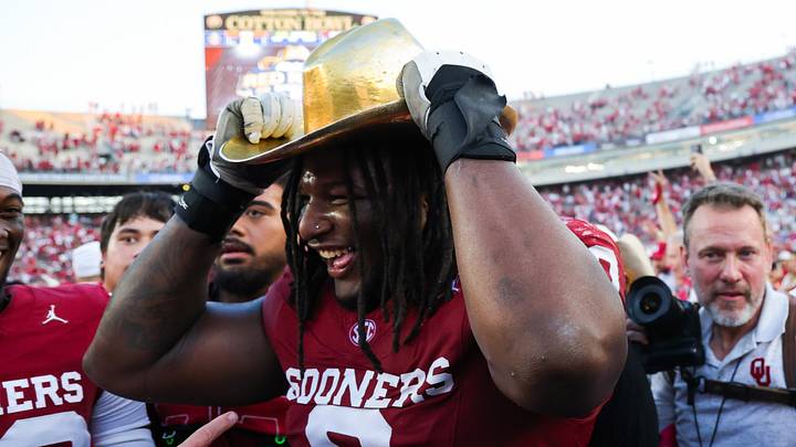Oklahoma Sooners defensive lineman David Stone (0) wears the Golden Hat after beating the Texas Longhorns. Oklahoma Sooners defensive lineman David Stone (0) wears the Golden Hat after beating the Texas Longhorns.