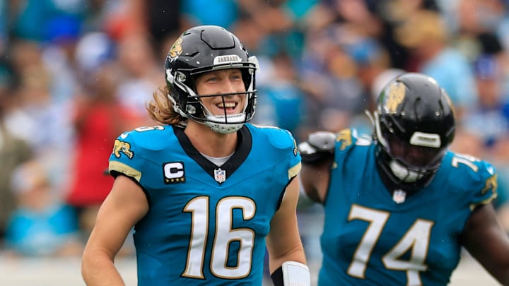 Jacksonville Jaguars quarterback Trevor Lawrence (16) reacts to a long catch and run from wide receiver Christian Kirk (13), not shown, during the fourth quarter of an NFL football matchup Sunday, Oct. 6, 2024 at EverBank Stadium in Jacksonville, Fla. The Jaguars edged the Colts on a field goal 37-34. [Corey Perrine/Florida Times-Union]