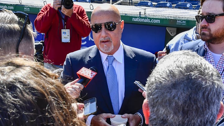 Mar 30, 2023; Washington, District of Columbia, USA; Washington Nationals general manager Mike Rizzo talks with the media before the game against the Atlanta Braves at Nationals Park. Mar 30, 2023; Washington, District of Columbia, USA; Washington Nationals general manager Mike Rizzo talks with the media before the game against the Atlanta Braves at Nationals Park.
