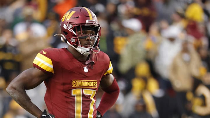 Nov 10, 2024; Landover, Maryland, USA; Washington Commanders wide receiver Terry McLaurin (17) looks on from the field during final minute of the game against the Pittsburgh Steelers at Northwest Stadium. Mandatory Credit: Amber Searls-Imagn Images