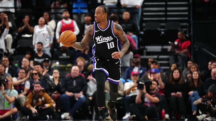 Mar 9, 2025; Inglewood, California, USA; Sacramento Kings forward DeMar DeRozan (10) dribbles the ball against the LA Clippers in the second half at Intuit Dome. 