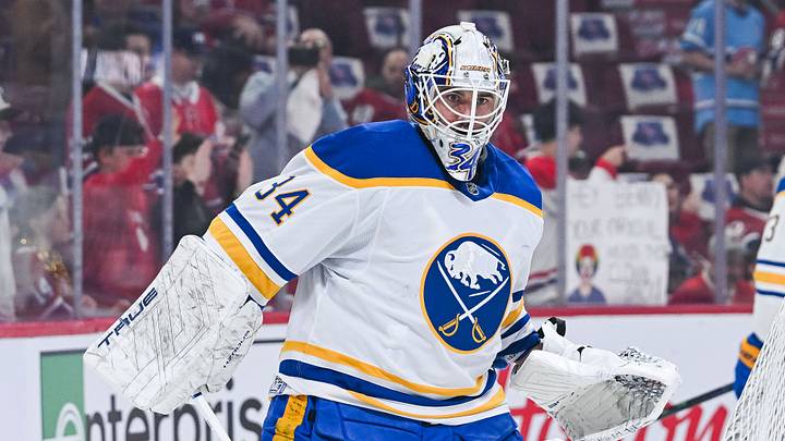 May 16, 2026; Montreal, Quebec, CAN; Buffalo Sabres goalie Alex Lyon (34) looks on during warm-up before the game against the Montreal Canadiens in game six of the second round of the 2026 Stanley Cup Playoffs at Bell Centre. Mandatory Credit: David Kirouac-Imagn Images May 16, 2026; Montreal, Quebec, CAN; Buffalo Sabres goalie Alex Lyon (34) looks on during warm-up before the game against the Montreal Canadiens in game six of the second round of the 2026 Stanley Cup Playoffs at Bell Centre. Mandatory Credit: David Kirouac-Imagn Images