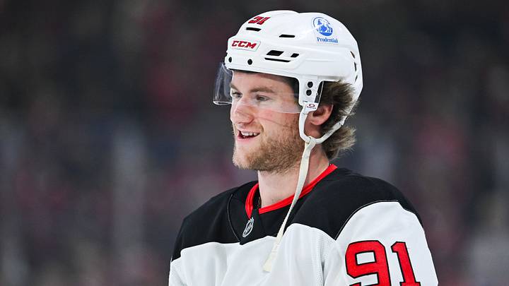 Apr 5, 2026; Montreal, Quebec, CAN; New Jersey Devils center Dawson Mercer (91) looks on during warm-up before the game against the Montreal Canadiens at Bell Centre. Mandatory Credit: David Kirouac-Imagn Images
