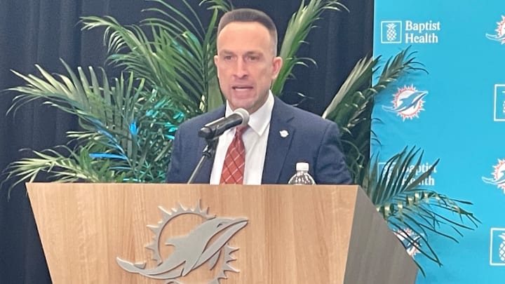 Miami Dolphins head coach Jeff Hafley makes his first remarks at his introductory press conference