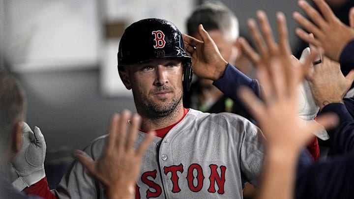 Toronto, Ontario, CAN; Boston Red Sox third baseman Alex Bregman (2) is congratulated after scoring against the Toronto Blue Jays during the ninth inning at Rogers Centre.