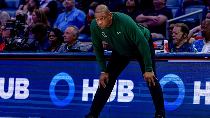 Apr 6, 2025; New Orleans, Louisiana, USA: Milwaukee Bucks head coach Doc Rivers looks on against the New Orleans Pelicans during the second half at Smoothie King Center. Mandatory Credit: Stephen Lew-Imagn Images