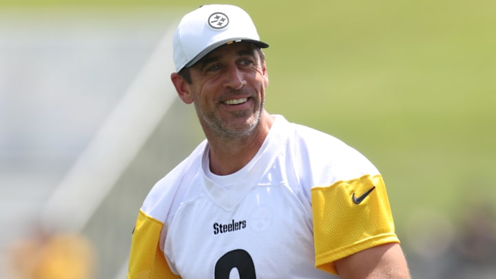 Pittsburgh Steelers quarterback Aaron Rodgers (8) participates in drills during training camp at Saint Vincent College. Pittsburgh Steelers quarterback Aaron Rodgers (8) participates in drills during training camp at Saint Vincent College.