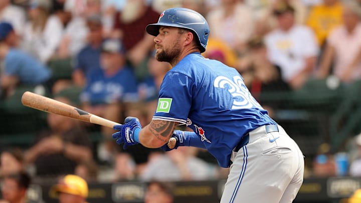Mar 5, 2024; Bradenton, Florida, USA; Toronto Blue Jays right fielder Nathan Lukes (38) doubles