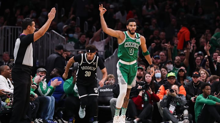 Mar 6, 2022; Boston, Massachusetts, USA; Boston Celtics forward Jayson Tatum (0) reacts during the